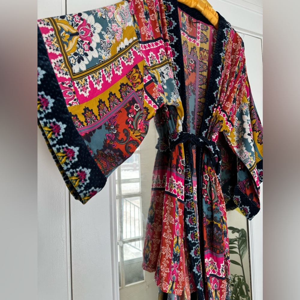 Zadie velvet trim patchwork belted robe kimono coverup pockets xs/s